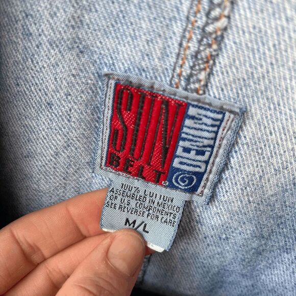 ✨ VTG 80s Sunbelt Denim Statement Trench w/ Glitter Puff Paint – M/L ✨ - Picture 2 of 8